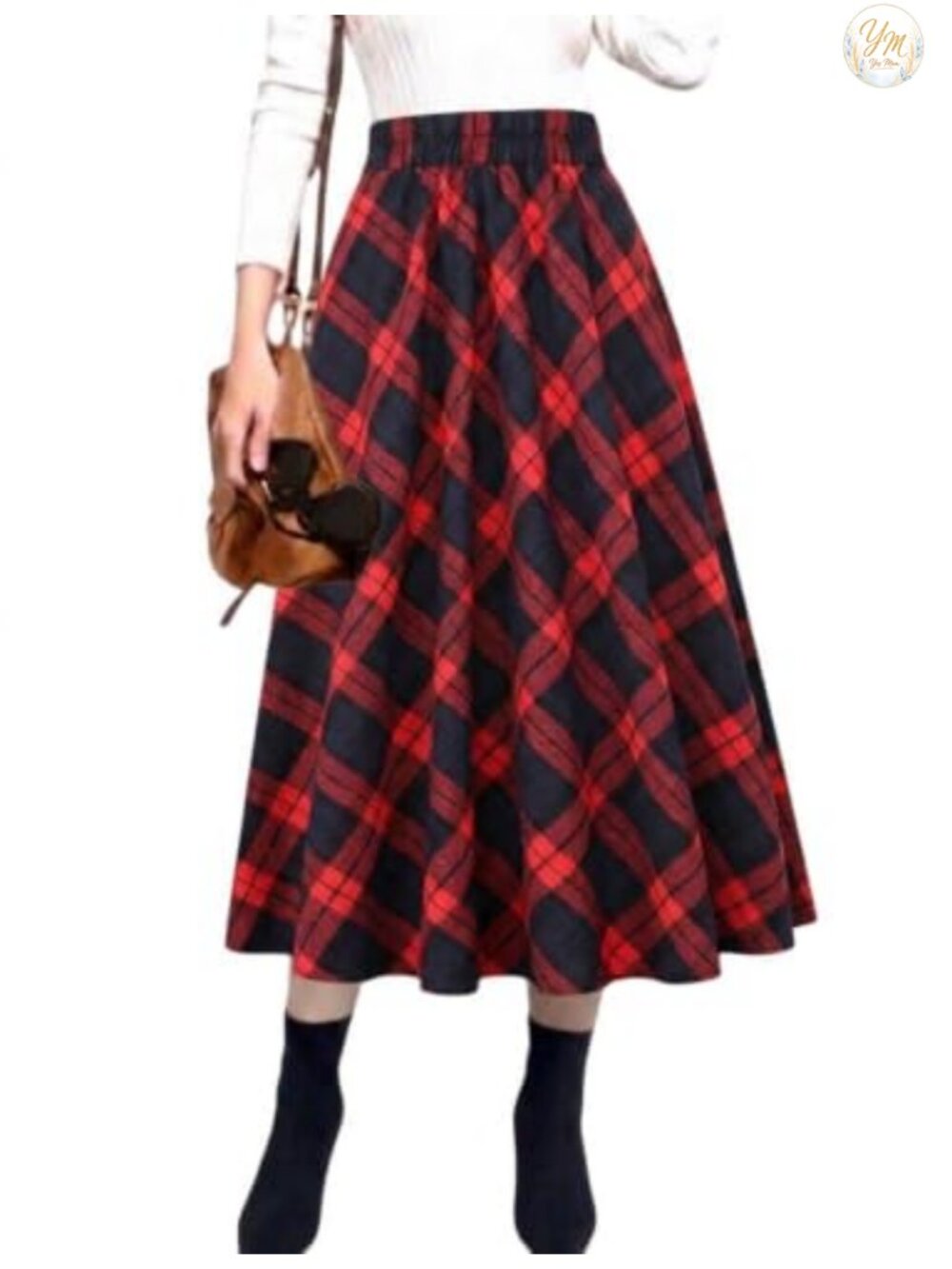 Plaid Midi Skirt High Waist A-Line Elastic Waist Flared